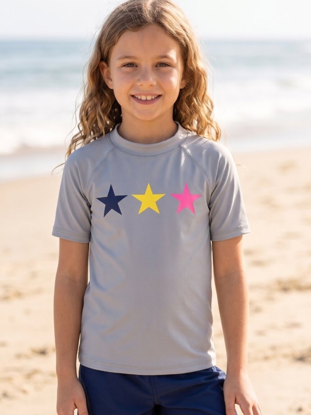 NWT | Kanu Surf Girls' Star Rash Guard | UPF 50+ Sun Protection | Light Grey | 8